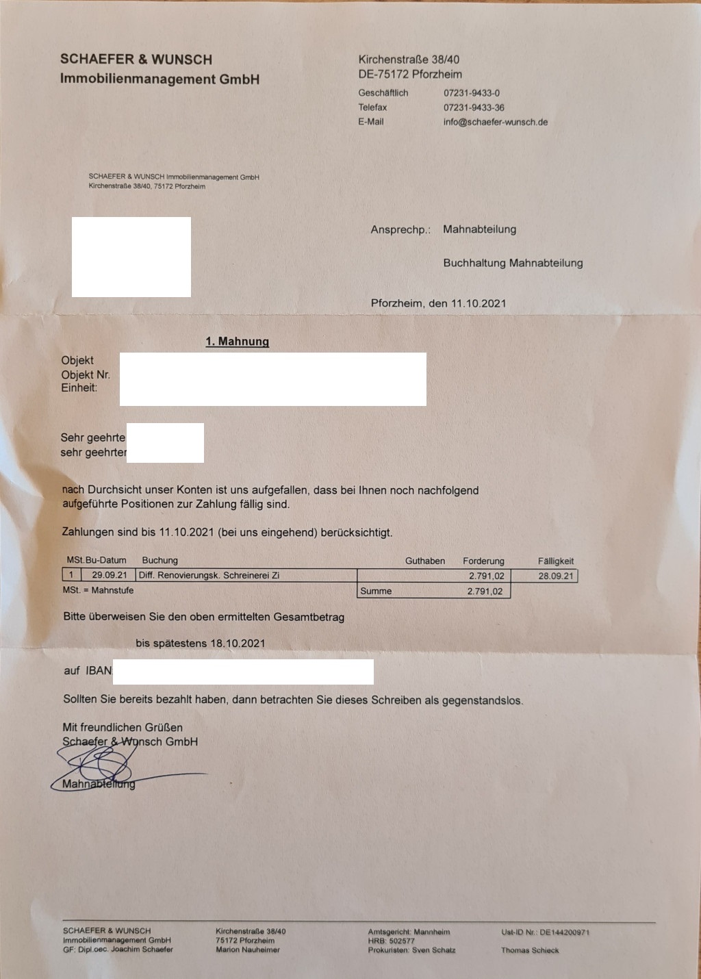 Schaefer und Wunsch Immobilien Pforzheim Mahnung über ~2800€