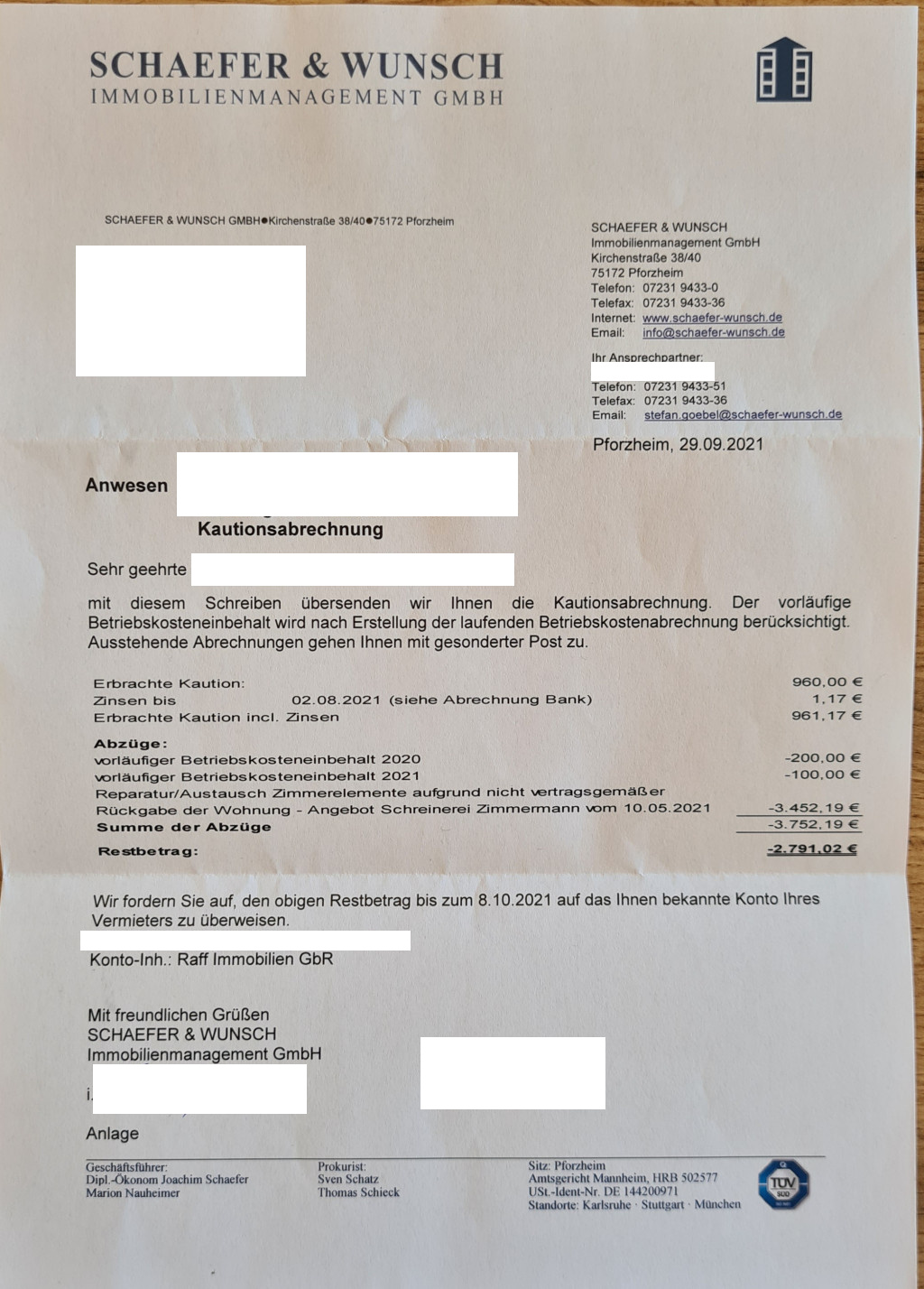 Schaefer und Wunsch Immobilien aus Pforzheim Rechnung über fast 4000€ nach Auszug