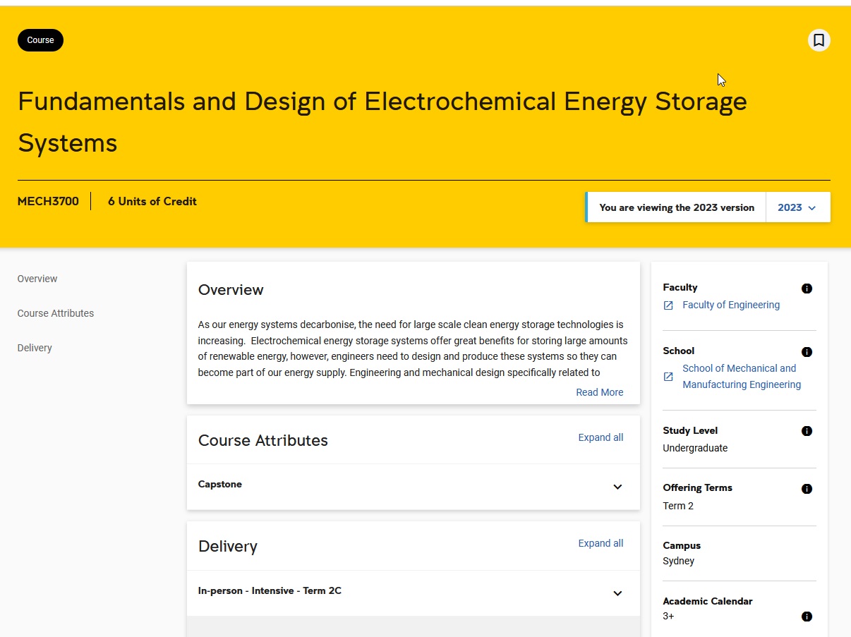 UNSW - Fundamentals and Design of Electrochemical Energy Storage Systems