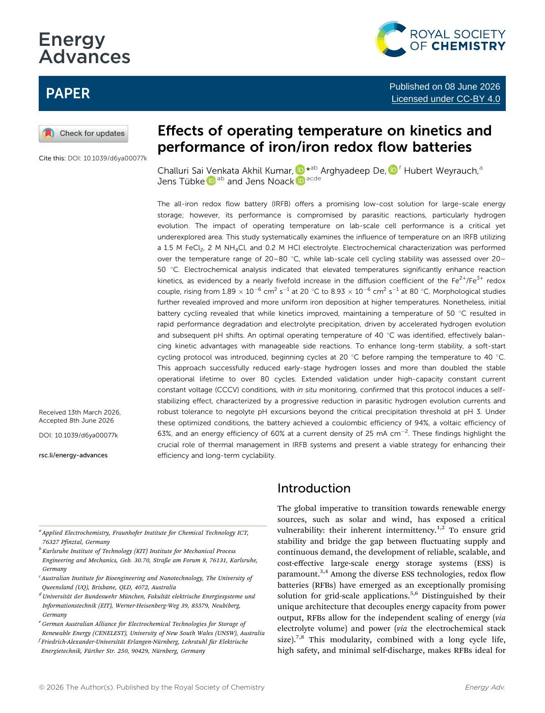 Effects of operating temperature on kinetics and performance of iron/iron redox flow batteries