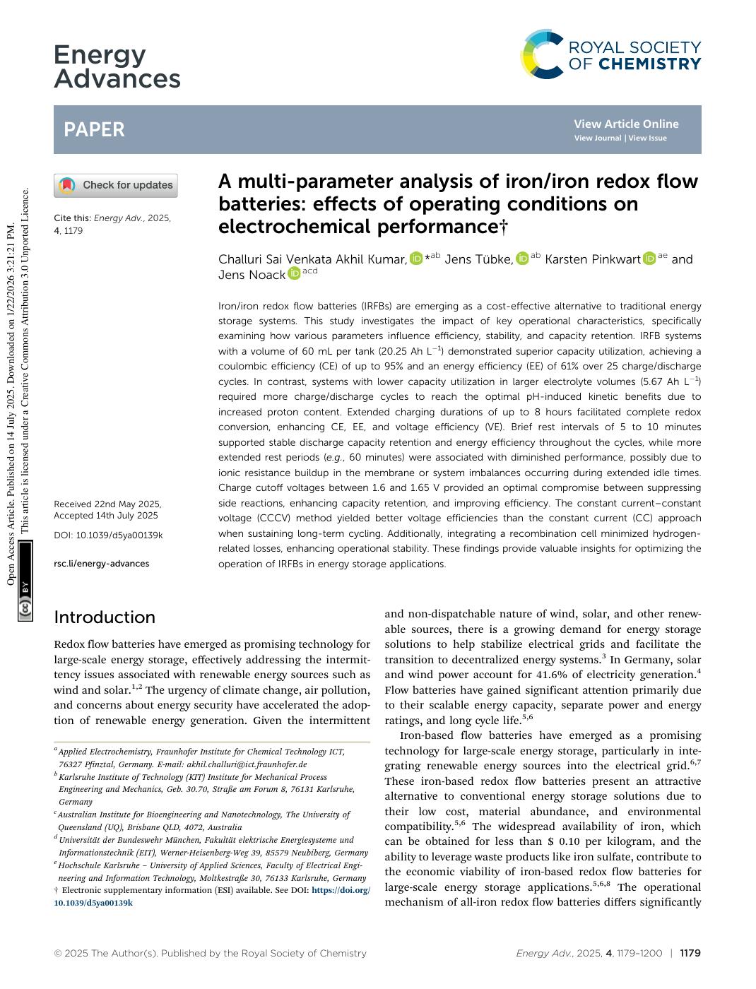 A Multi-Parameter Analysis of Iron/Iron Redox Flow Batteries: Effects of Operating Conditions on Electrochemical Performance
