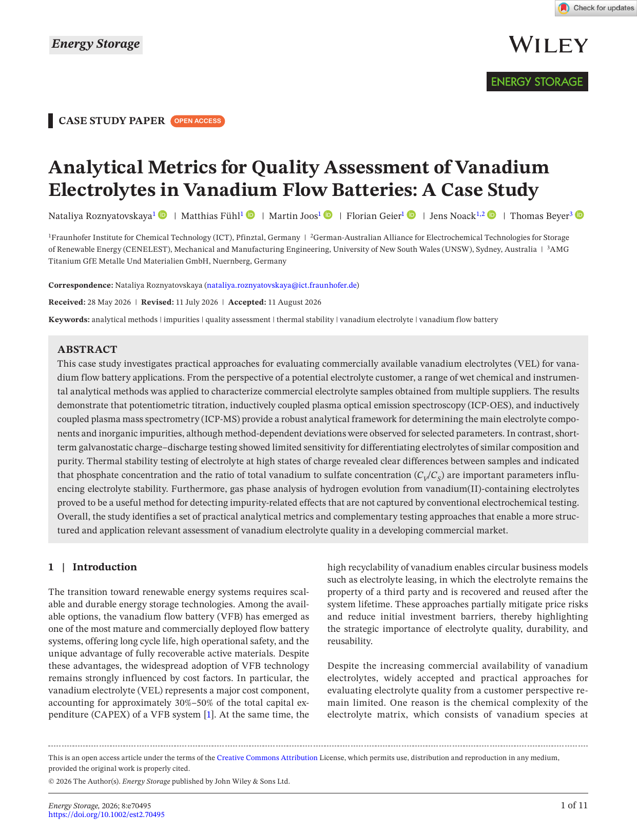 Analytical Metrics for Quality Assessment of Vanadium Electrolytes in Vanadium Flow Batteries: A Case Study