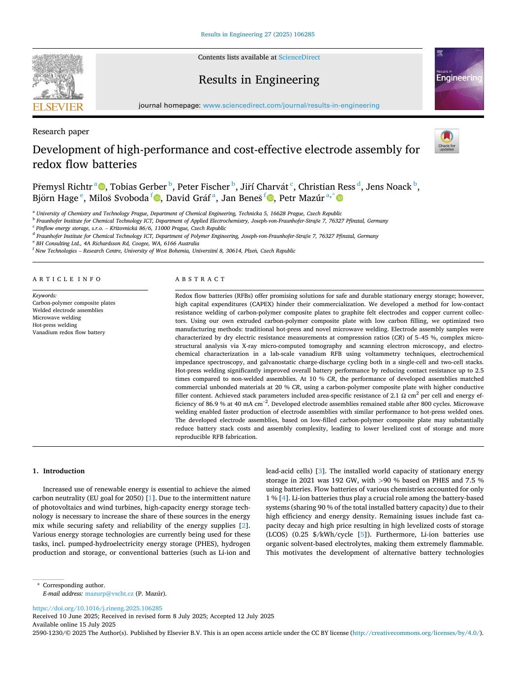 Development of high-performance and cost-effective electrode assembly for redox flow batteries