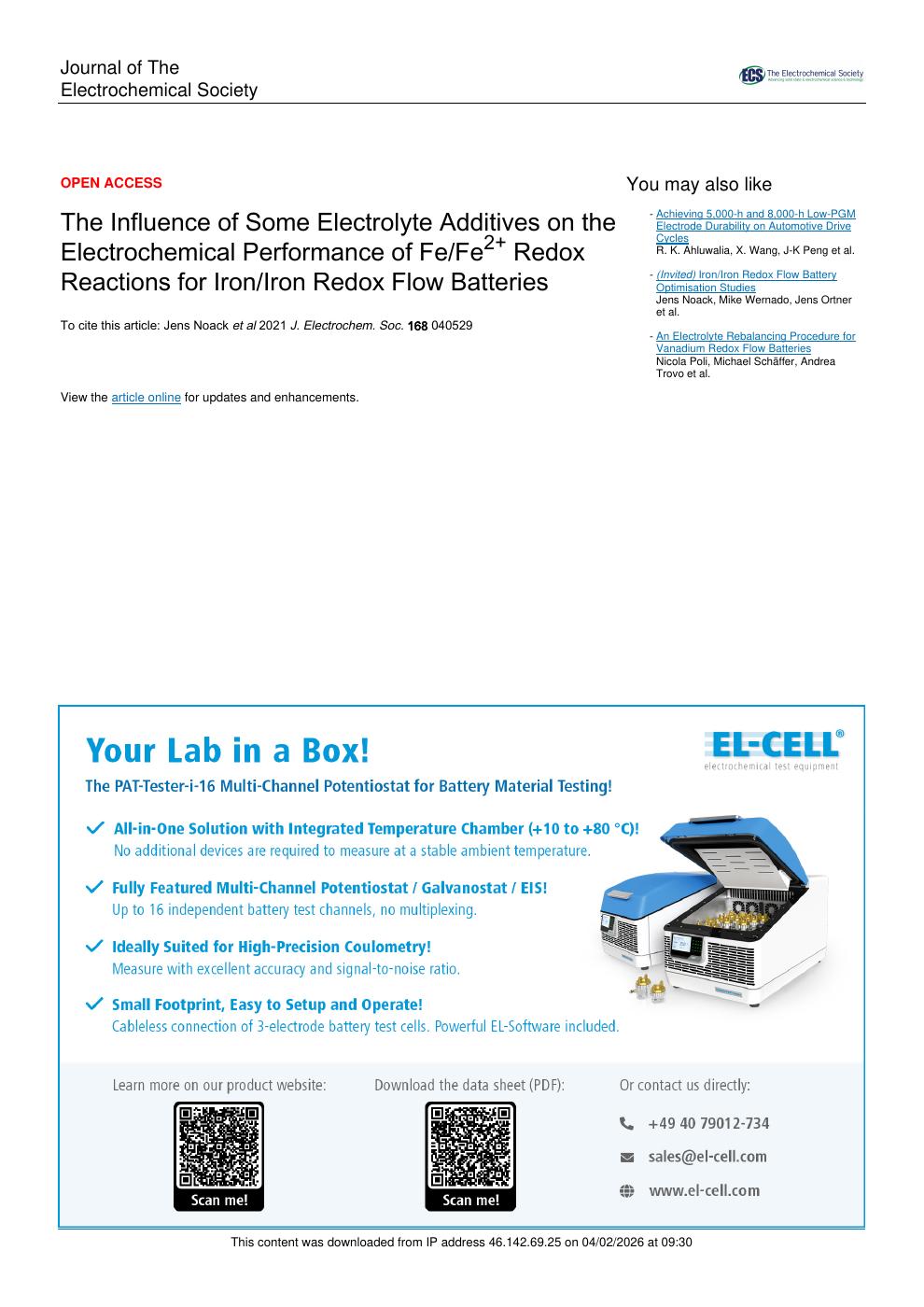 The Influence of Some Electrolyte Additives on the Electrochemical Performance of Fe/Fe2+ Redox Reactions for Iron/Iron Redox Flow Batteries
