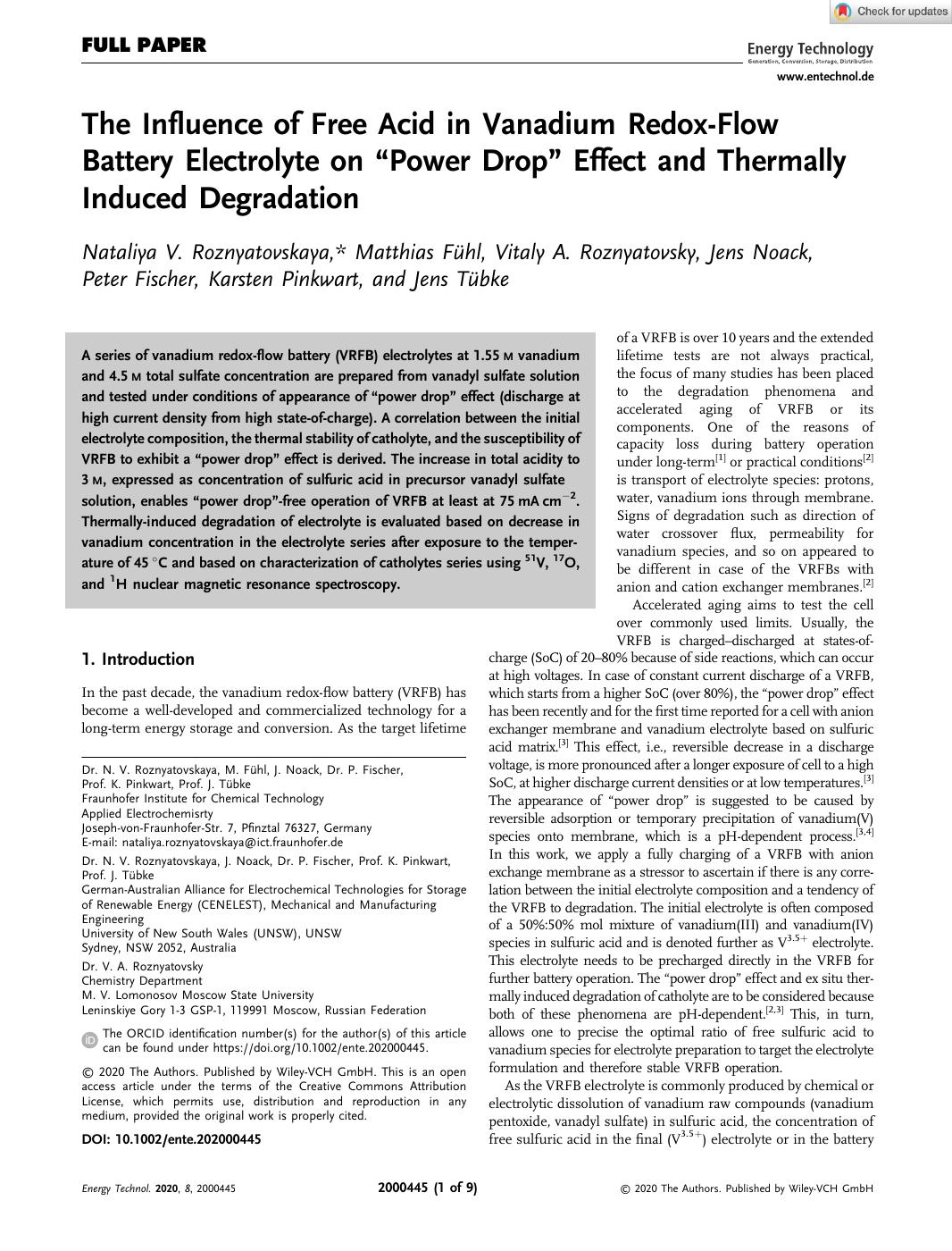 The Influence of Free Acid in VRFB Electrolyte on “Power Drop” Effect and Thermally‐Induced Degradation