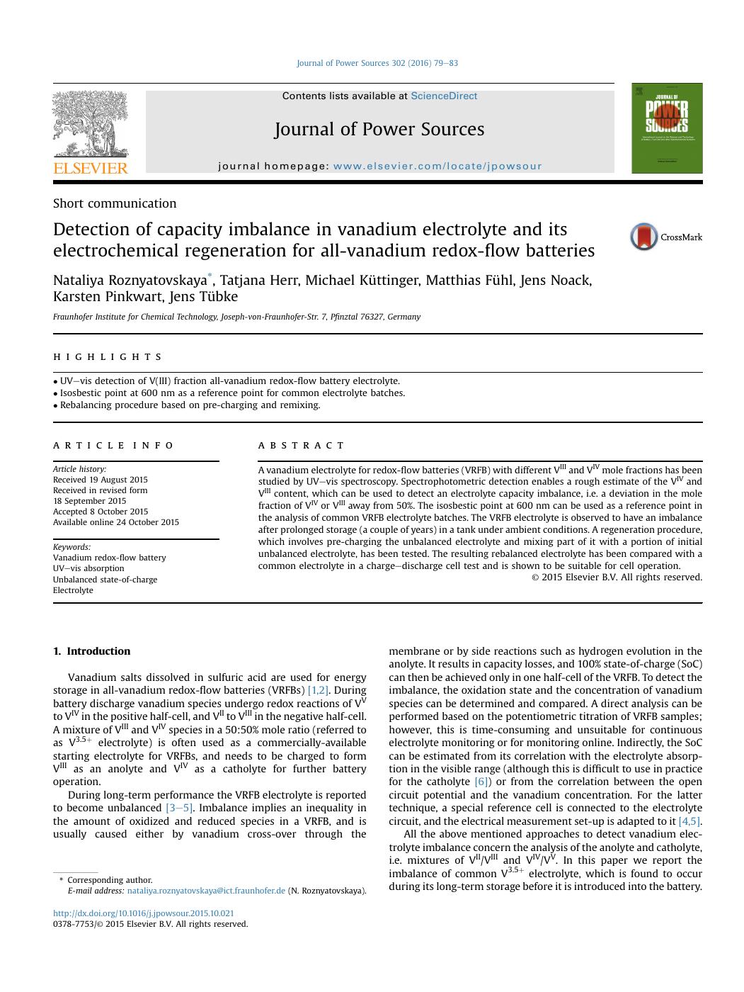 Detection of capacity imbalance in vanadium electrolyte and its electrochemical regeneration for all-vanadium redox-flow batteries.