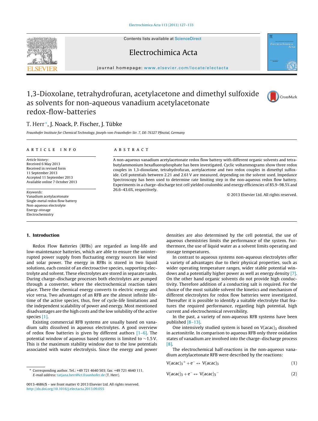 1,3-Dioxolane, Tetrahydrofuran, Acetylacetone and Dimethylsulfoxide as Solvents for Vanadium Redox Flow Batteries