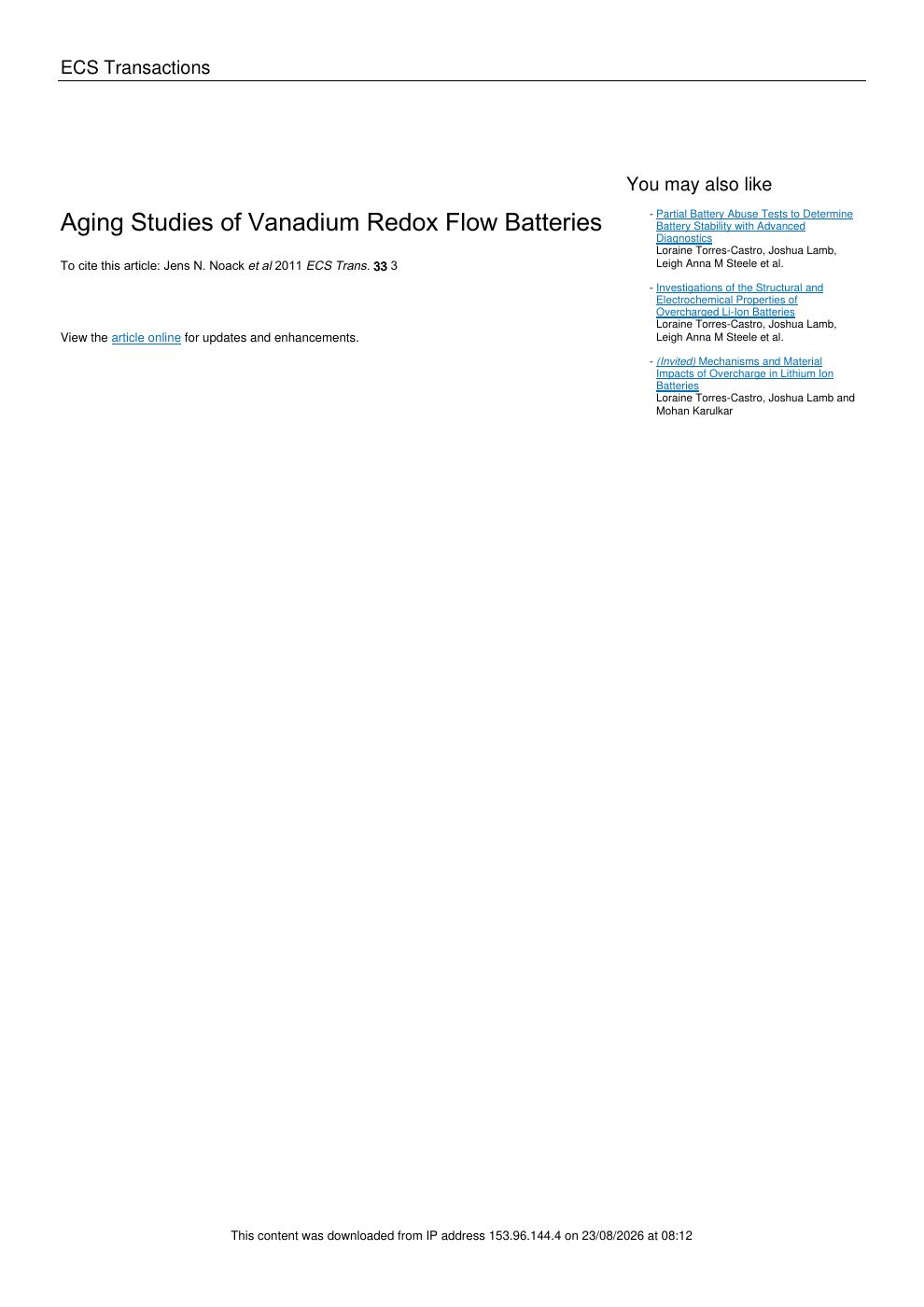 Aging Studies of Vanadium Redox Flow Batteries