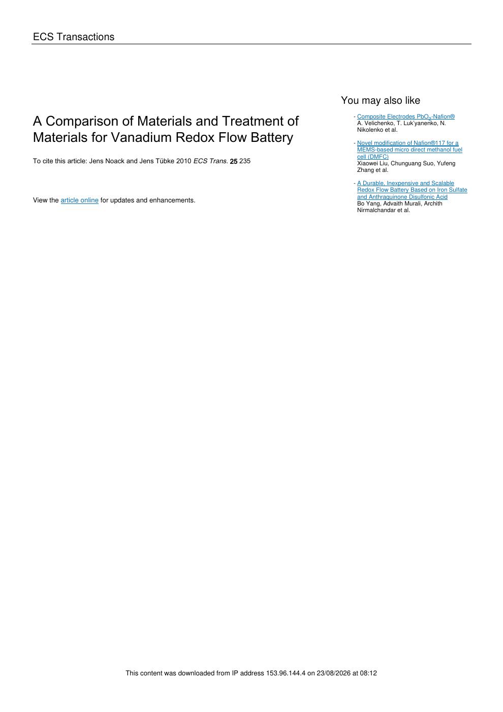 A Comparison of Materials and Treatment of Materials for Vanadium Redox Flow Battery
