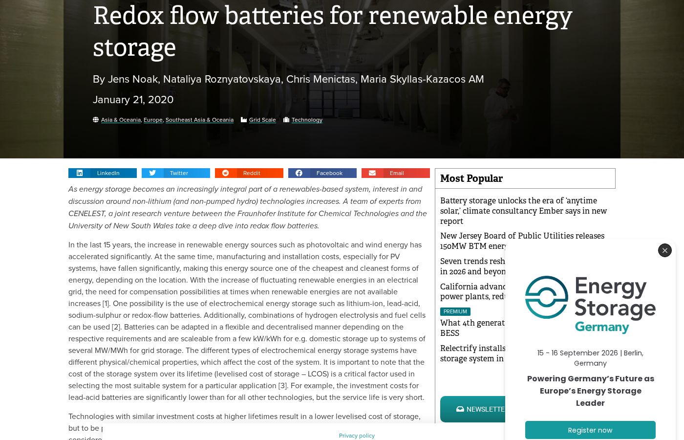 Redox Flow Batteries for renewable energy storage, Energy-Storage.News